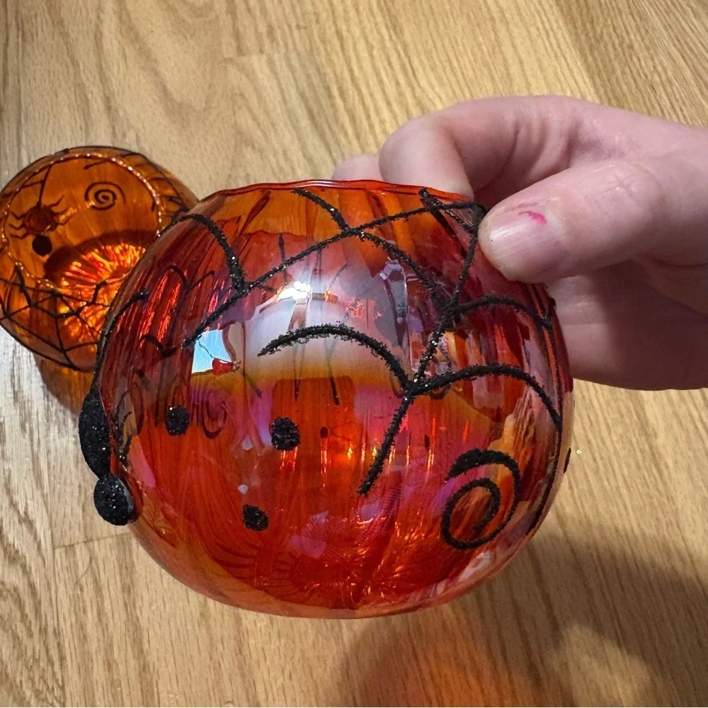 Pier 1 Orange Glass Candle Holders Black Spider Web Circle Blown Halloween
